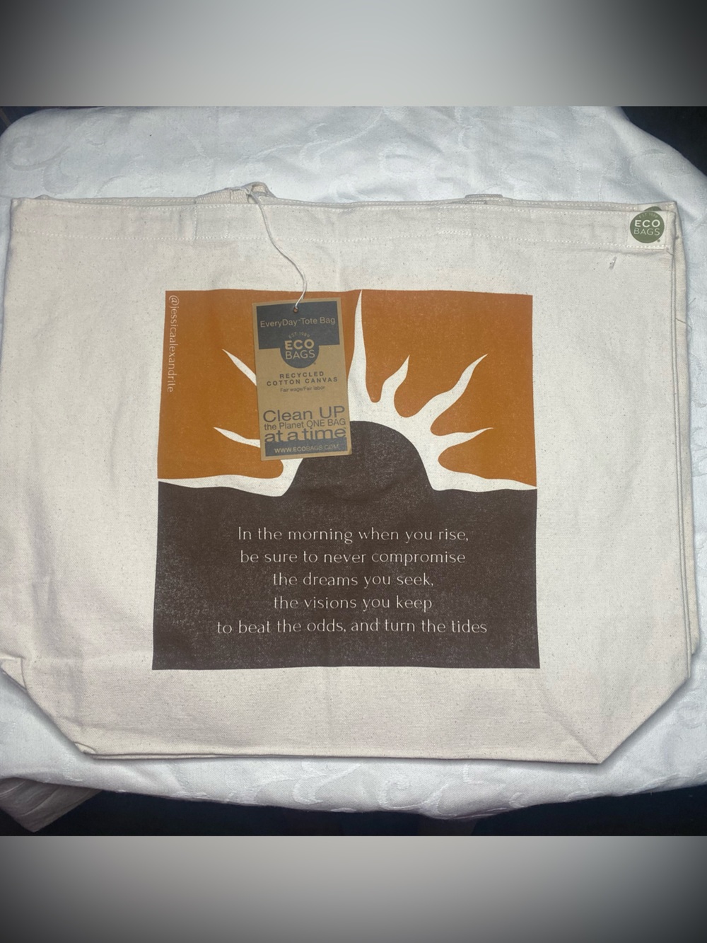NWT (3) Ecobags Recycled Canvas Tote - Large Gusset - Custom Print Sunrise Quote
